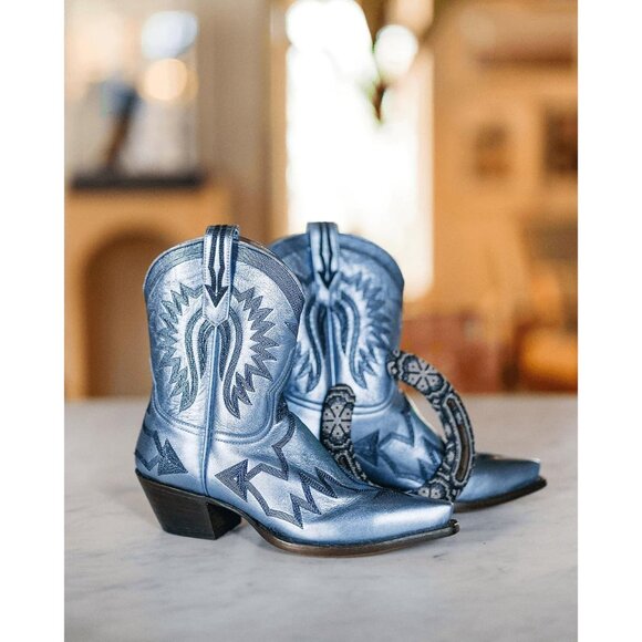 Women's Metallic Embroidered Pointed Toe Cowgirl Boots Chunky Heel Pull-On Blue - Picture 5 of 6